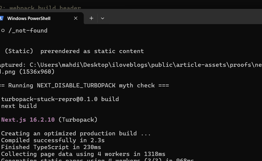 NEXT_DISABLE_TURBOPACK=1 build still showing the Turbopack header