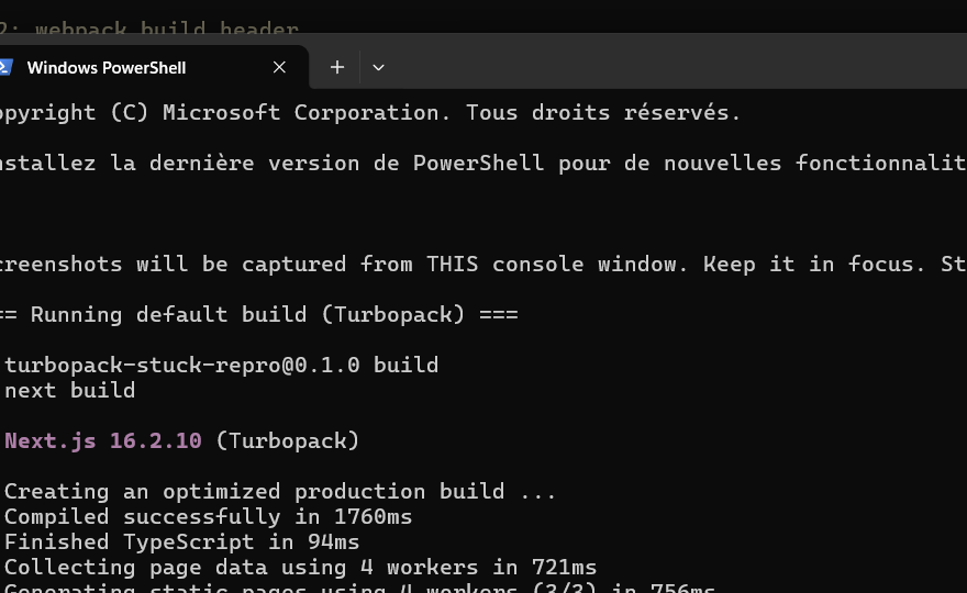 Default Next.js 16.2.10 build showing the Turbopack header