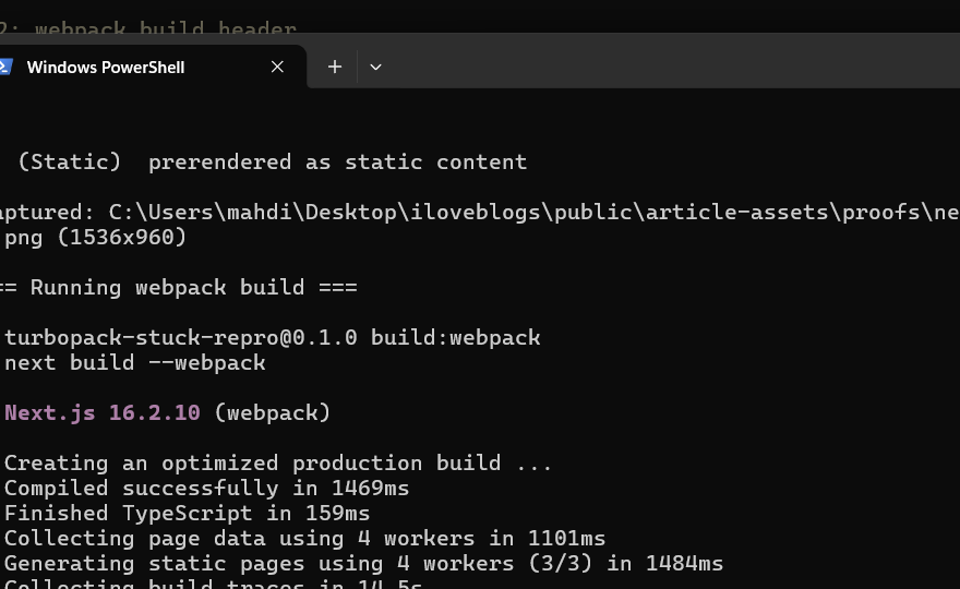 Terminal output for: next build --webpack